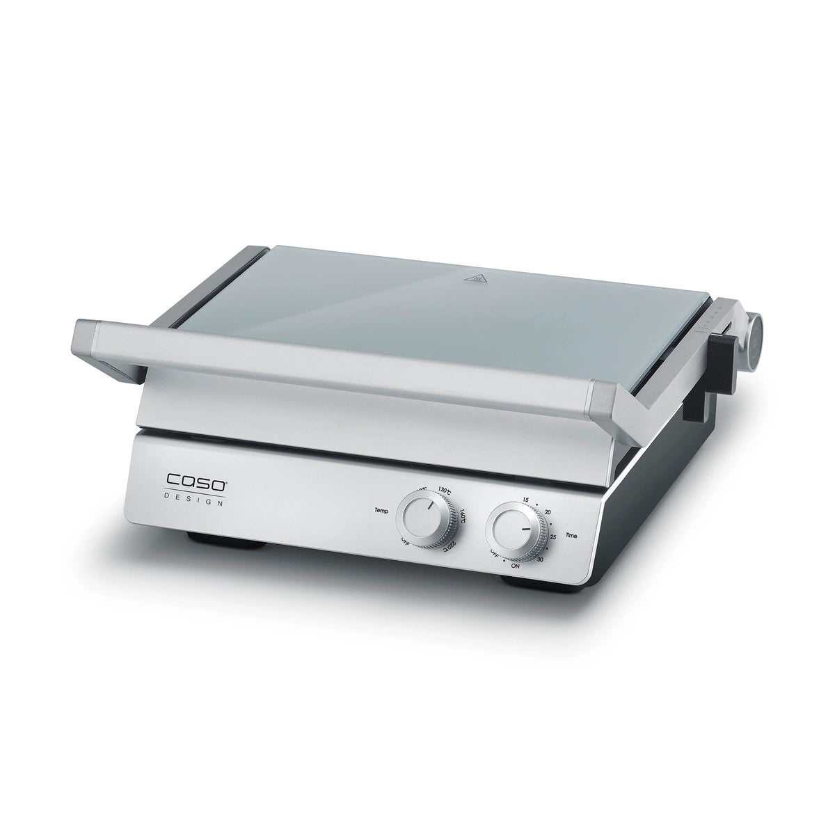 Piastra elettrica SteakChef CASO Design aperta su tavolo da cucina con bistecche in cottura