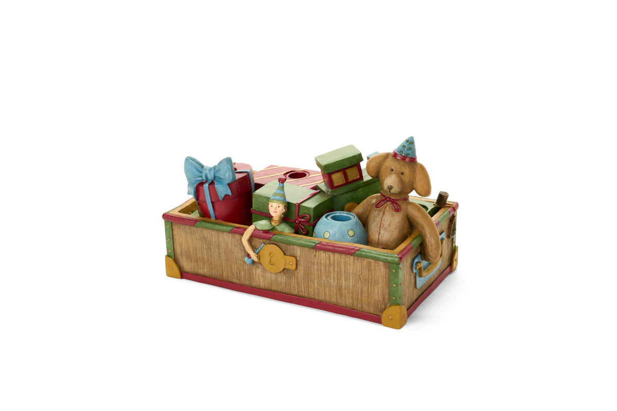 Portacandele natalizio a forma di baule dei giocattoli vintage con orsetto, trenino e regali, collezione Vintage Toys Nuvole di Stoffa, Tutto Chic.