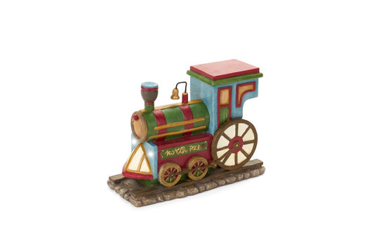 Locomotiva natalizia in resina colorata con luci LED e musica, scritta North Pole, collezione Vintage Toys Nuvole di Stoffa, Tutto Chic.