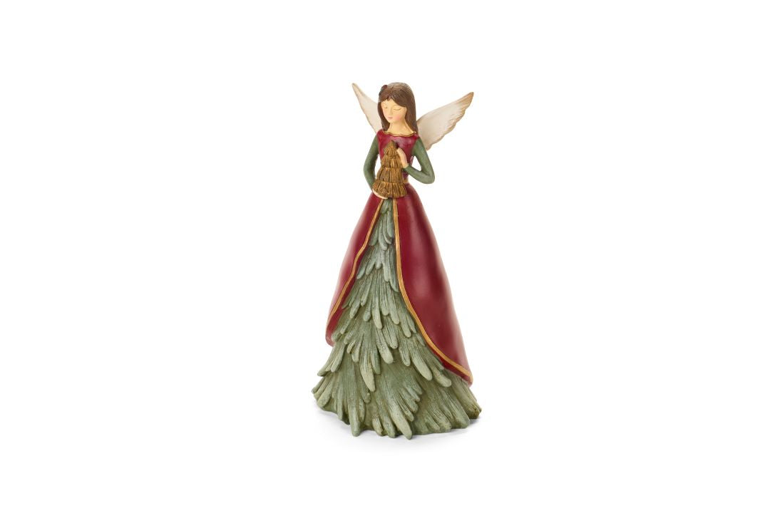 Statuina natalizia decorativa a forma di angelo custode della linea Magic Noel Nuvole di Stoffa, con ali dorate, abito a forma di albero d'abete verde, Tutto Chic.