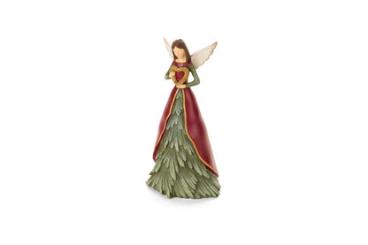 Statuina natalizia dell'angelo custode Magic Noel di Nuvole di Stoffa in resina, con grandi ali dorate intagliate, abito verde a forma di albero d'abete innevato e un cuore oro tra le mani, Tutto Chic.
