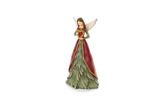 Statuina natalizia dell'angelo custode Magic Noel di Nuvole di Stoffa in resina, con grandi ali dorate intagliate, abito verde a forma di albero d'abete innevato e un cuore oro tra le mani, Tutto Chic.