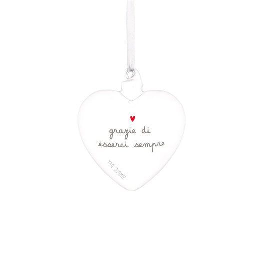 La pallina cuore "grazie di esserci sempre" è un allegro decoro da appendere, realizzato in vetro borosilicato. cm 11. In negozio e online su tuttochic.live