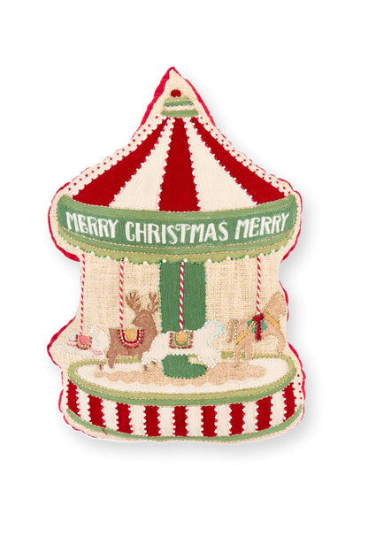 Cuscino natalizio sagomato a forma di giostra carosello con ricami di cavalli e renne, scritta Merry Christmas, collezione Vintage Toys Nuvole di Stoffa, Tutto Chic.