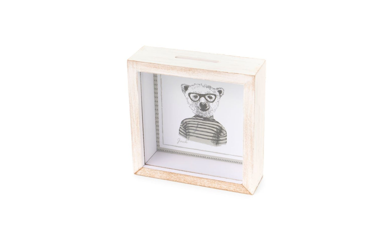 Salvadanaio "My Friend's Home" con cassetta in legno e vetro trasparente.  Disponibile in 2 decori,  Dimensioni: 15x15x5 cm. In negozio e online su tuttochic.live