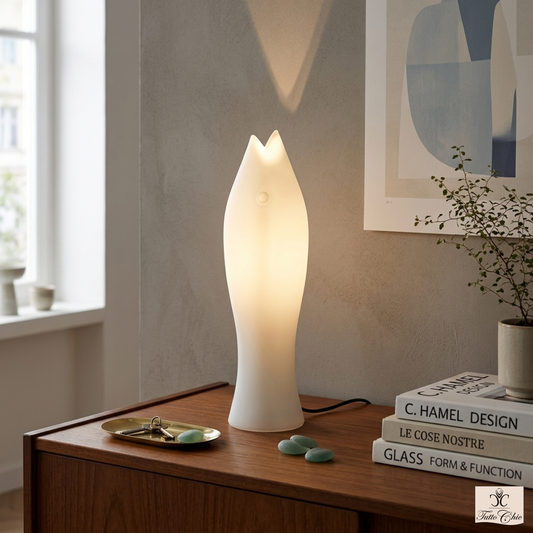 Lampada da tavolo Jill Le Cose Nostre a forma di pesce in vetro soffiato bianco latte con bocca aperta. Design di C. Hamel Tutto Chic.