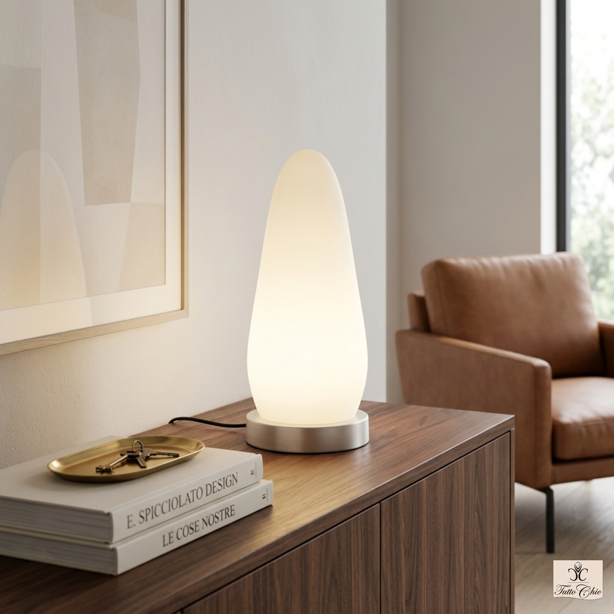 Lampada Sasso Le Cose Nostre in vetro soffiato opale satinato su base tonda in alluminio. Design attribuito a E. Spicciolato Tutto Chic.