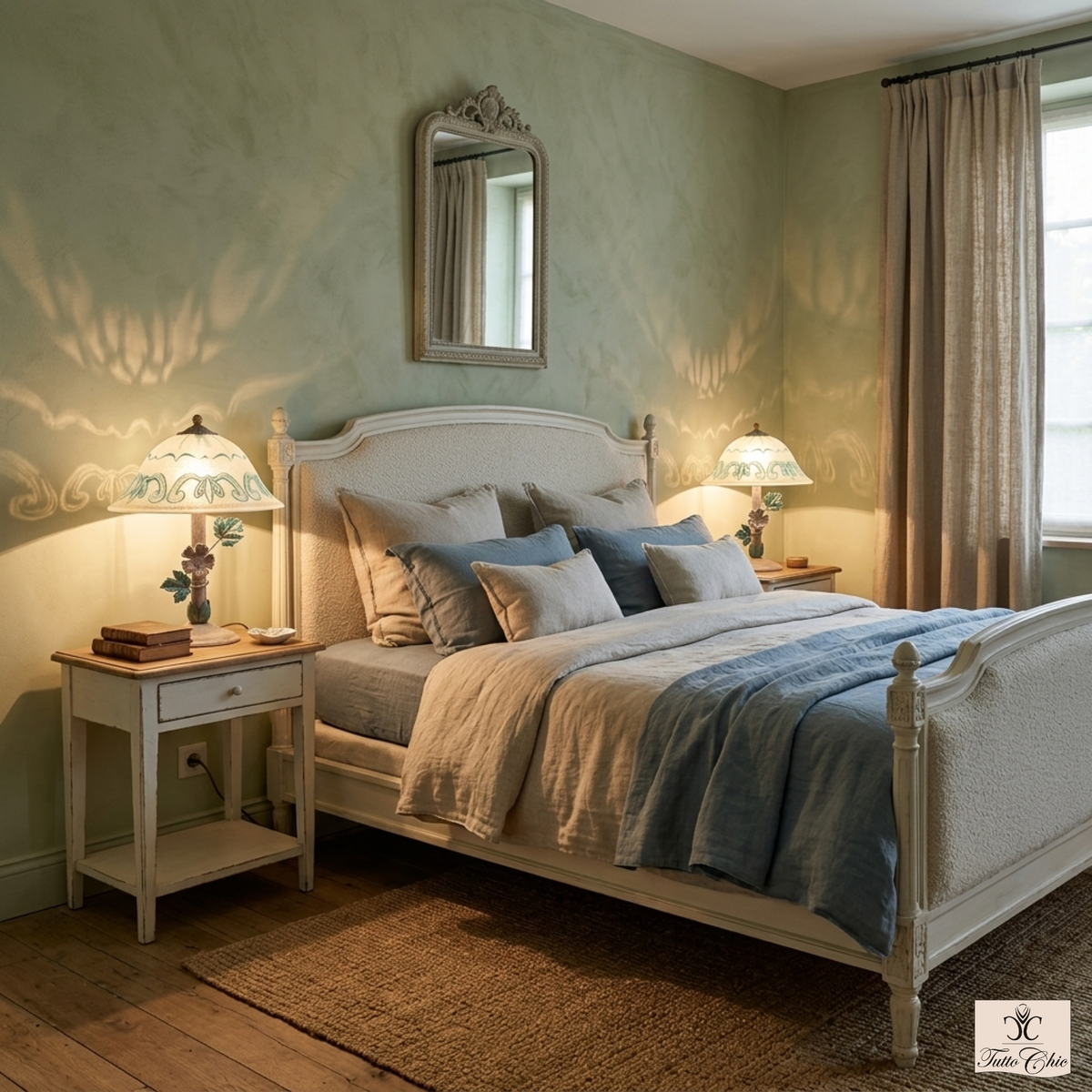 Coppia di lampade vintage con paralume verde acqua e cavo dorato opaco.