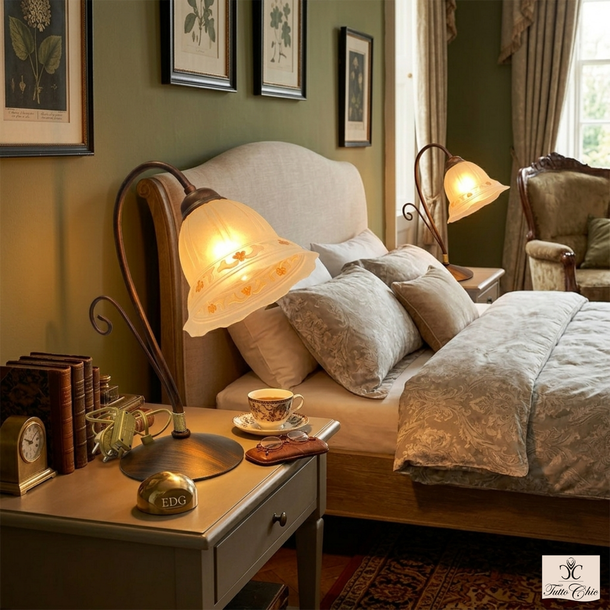 Coppia lumetti classici metallo marrone effetto noce e vetro beige.