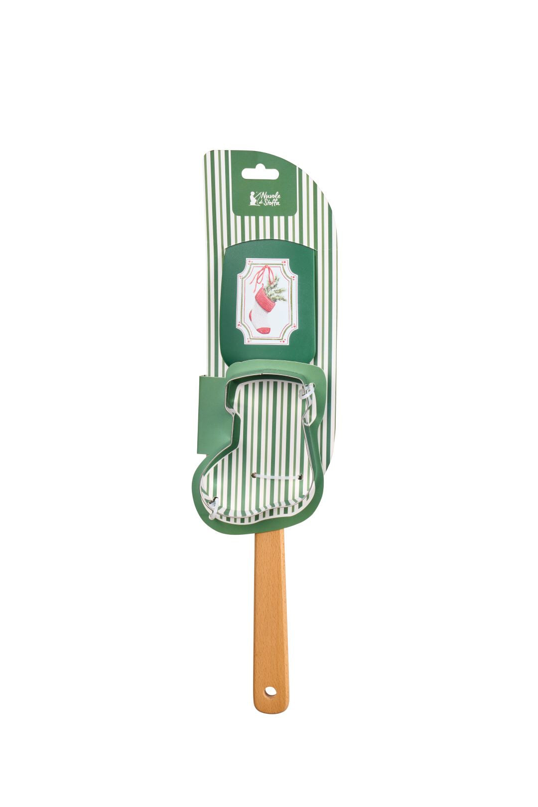 Set regalo natalizio da pasticceria Magic Noel di Nuvole di Stoffa composto da una spatola leccapentole in silicone verde e manico in legno, e uno stampino tagliabiscotti in acciaio a forma di calza con fiocco a quadri, Tutto Chic.