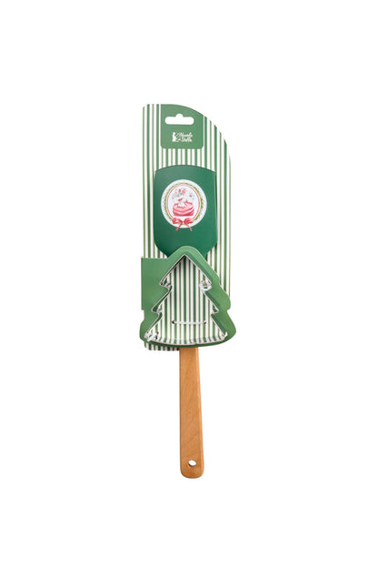 Set regalo natalizio da pasticceria Magic Noel di Nuvole di Stoffa composto da una spatola leccapentole in silicone verde salvia con manico in legno naturale e uno stampino tagliabiscotti in acciaio a forma di albero di Natale con fiocco a quadri, Tutto Chic.