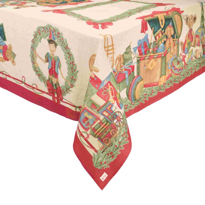 Tovaglia natalizia in cotone Nuvole di Stoffa collezione Vintage Toys con disegni di giocattoli antichi, Pinocchio e trenini, bordo rosso, 160x320 cm, Tutto Chic.