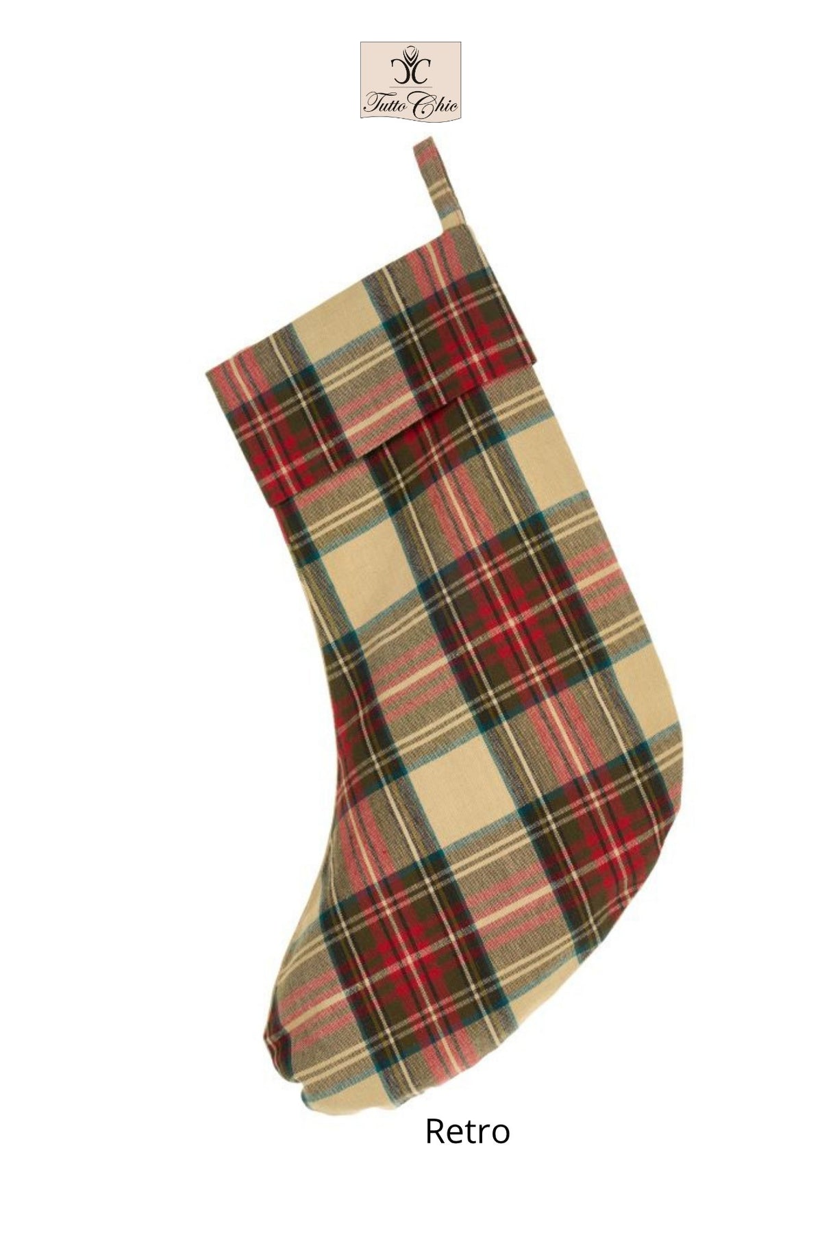 Calza natalizia in cotone Nuvole di Stoffa con illustrazione di Schiaccianoci che suona il tamburo, risvolto in tartan scozzese, collezione Vintage Toys, Tutto Chic.