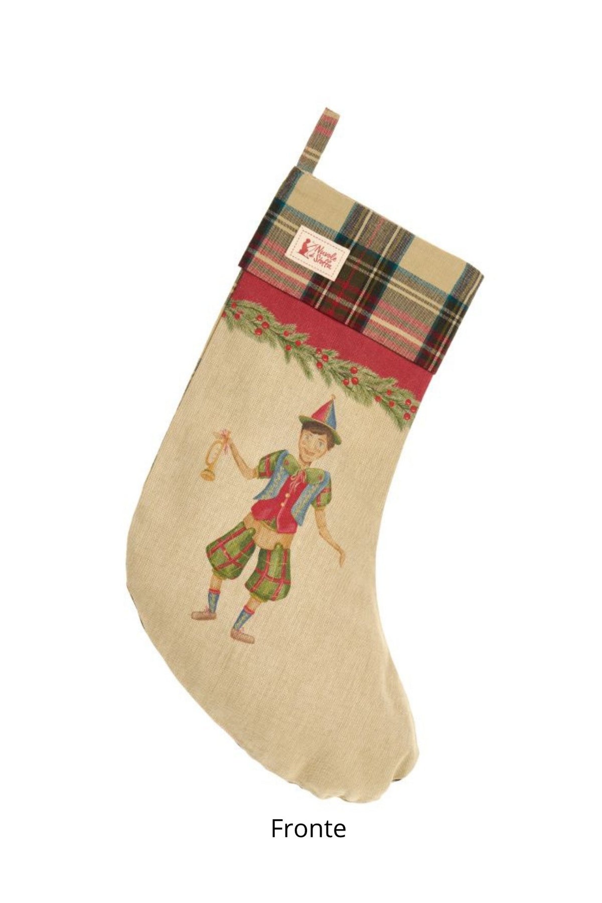 Calza di Natale Nuvole di Stoffa collezione Vintage Toys con illustrazione Burattino e risvolto tartan scozzese, 40x20 cm, Tutto Chic.