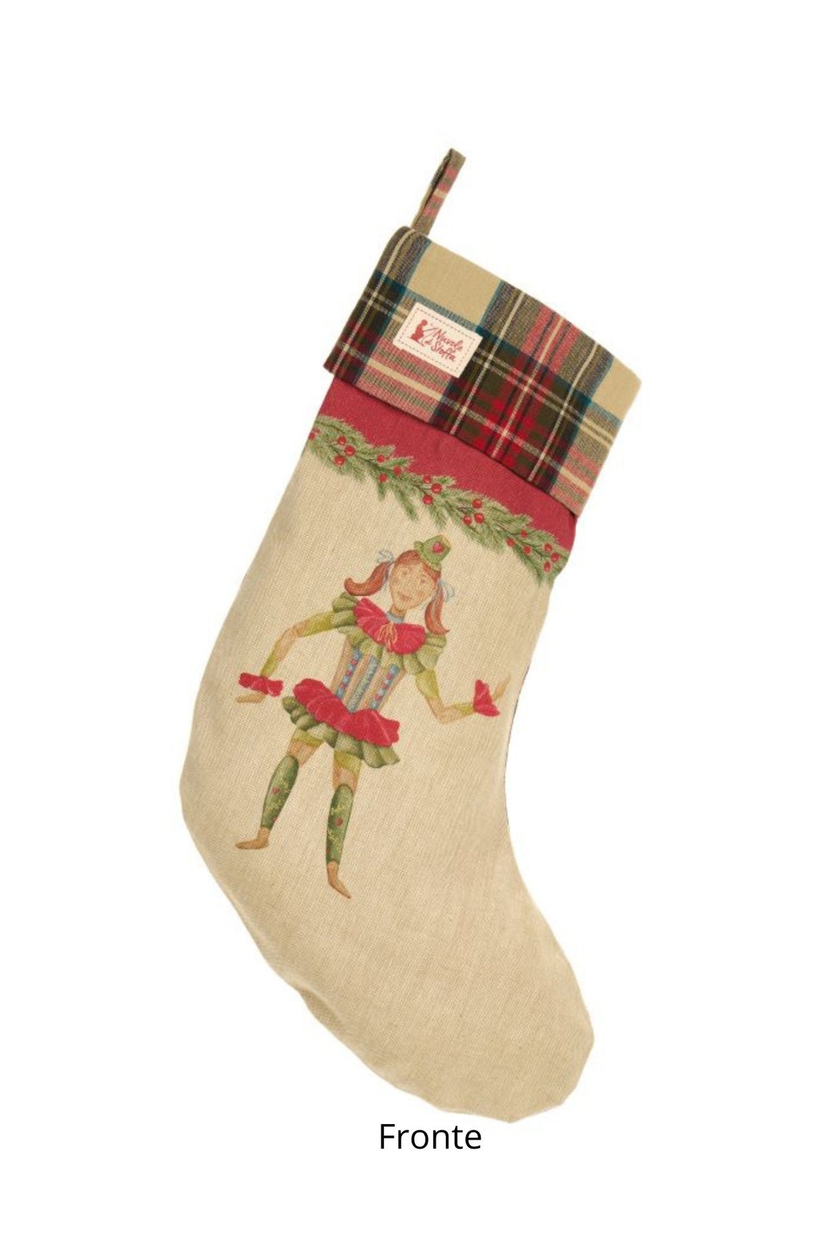 Calza di Natale Nuvole di Stoffa "Burattina" con disegni vintage e risvolto scozzese, 40x20 cm, collezione Vintage Toys, Tutto Chic.
