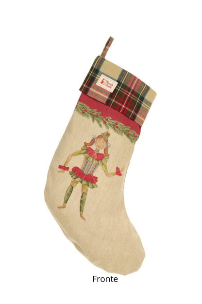 Calza di Natale Nuvole di Stoffa "Burattina" con disegni vintage e risvolto scozzese, 40x20 cm, collezione Vintage Toys, Tutto Chic.