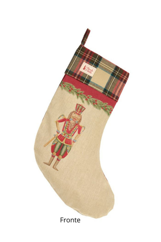 Calza di Natale in cotone con illustrazione Schiaccianoci e bastone, risvolto e retro in tessuto tartan scozzese, collezione Vintage Toys Nuvole di Stoffa, Tutto Chic.