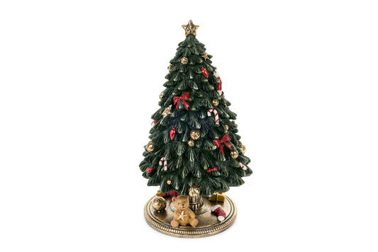 Carillon natalizio a forma di albero decorato con orsetto alla base, h 23,5 cm, meccanismo a molla, collezione Vintage Toys Nuvole di Stoffa, Tutto Chic.