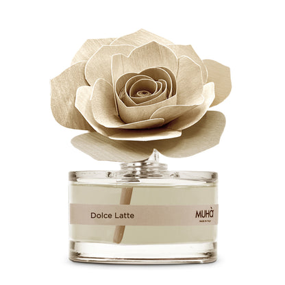 Profumatore d'ambiente Muhà Rosa Diffuser Dolce Latte in boccetta di vetro con diffusore a forma di rosa artigianale in legno di betulla chiaro, Tutto Chic