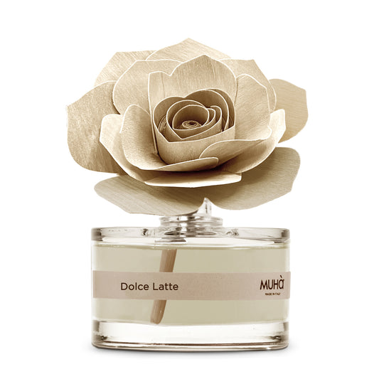Profumatore d'ambiente Muhà Rosa Diffuser Dolce Latte in boccetta di vetro con diffusore a forma di rosa artigianale in legno di betulla chiaro, Tutto Chic
