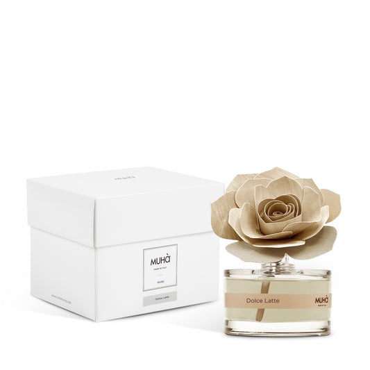 Profumatore d'ambiente Muhà Rosa Diffuser Dolce Latte in boccetta di vetro con diffusore a forma di rosa artigianale in legno di betulla chiaro, Tutto Chic