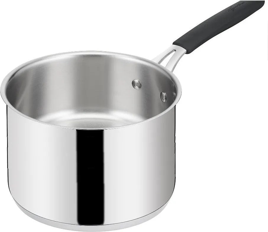 Bollilatte in acciaio inox diametro 16 cm capienza 1,9 litri con fondo Lagotherm e manico lungo rivettato in silicone nero linea Tempra Acciaio di Lagostina.