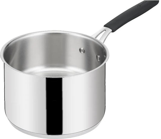 Bollilatte in acciaio inox diametro 16 cm capienza 1,9 litri con fondo Lagotherm e manico lungo rivettato in silicone nero linea Tempra Acciaio di Lagostina.