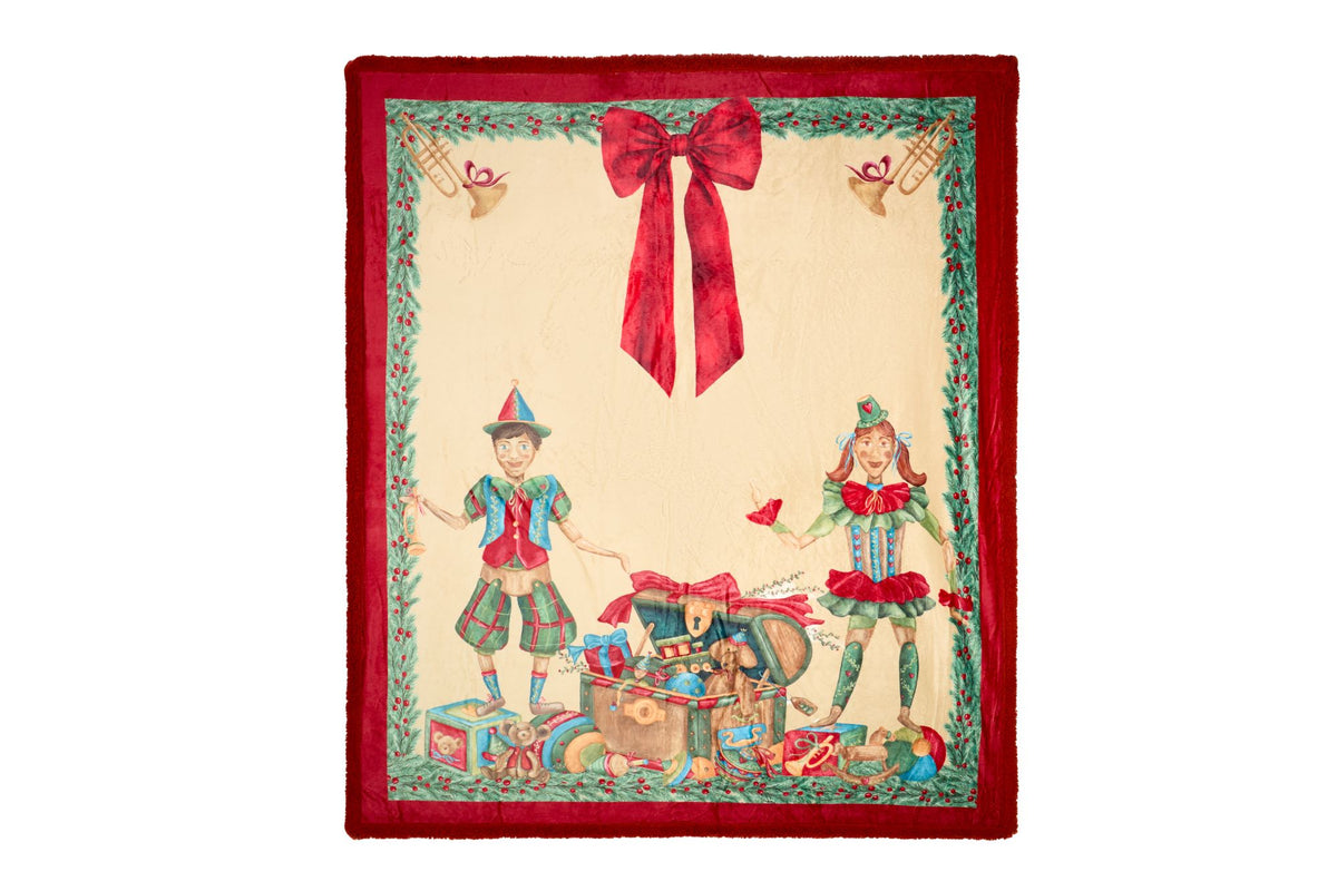 Plaid natalizio con elfi, baule dei giocattoli e fiocco rosso, collezione Vintage Toys Nuvole di Stoffa, grammatura 480 gsm, Tutto Chic.