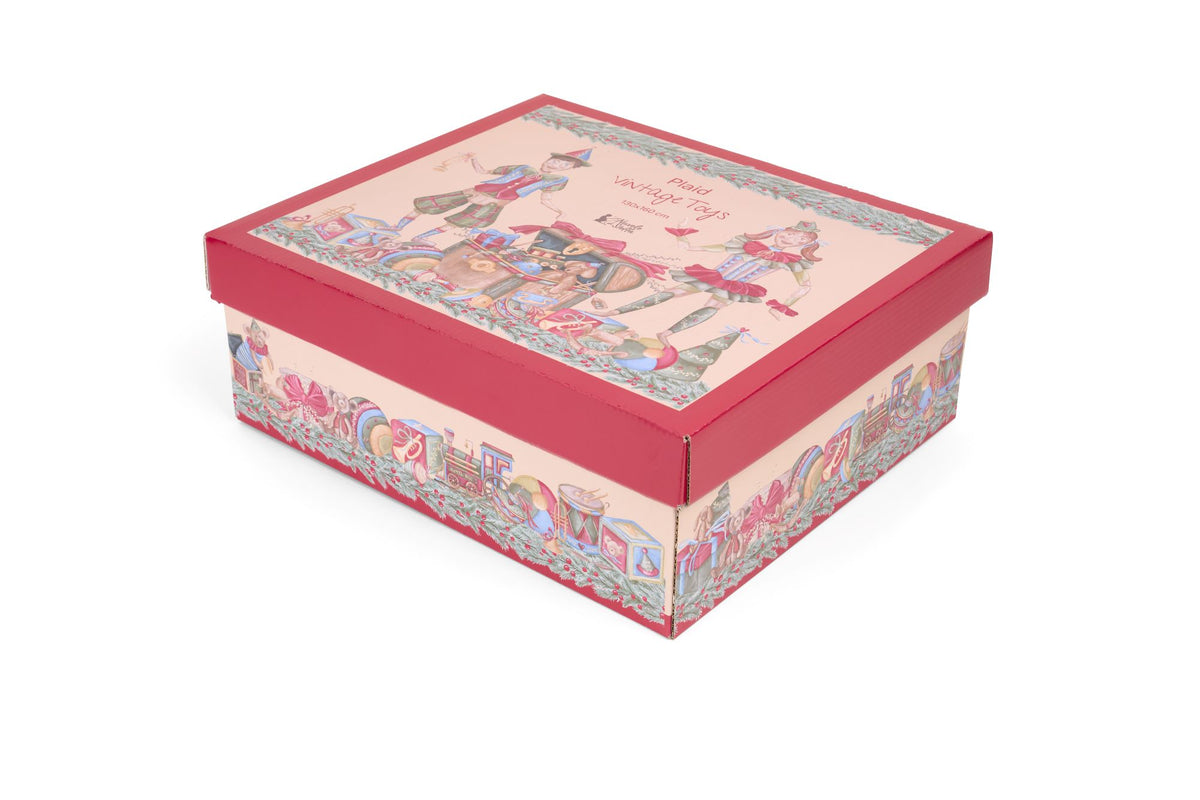 Plaid natalizio con elfi, baule dei giocattoli e fiocco rosso, collezione Vintage Toys Nuvole di Stoffa, grammatura 480 gsm, Tutto Chic.