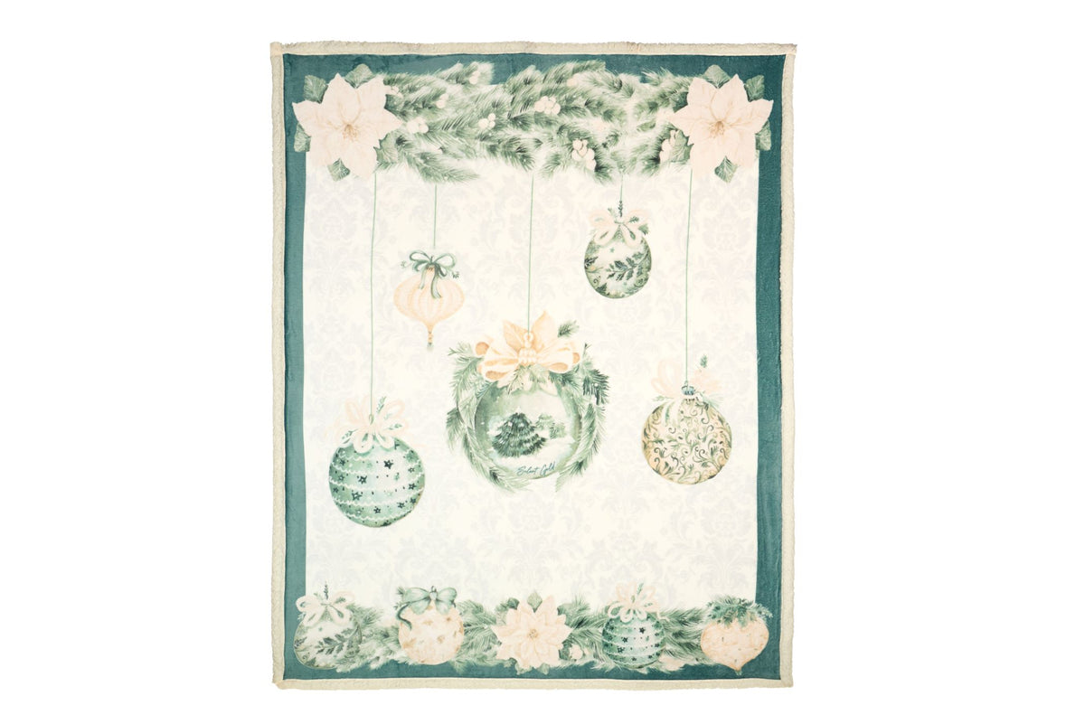 Plaid natalizio 130x160 cm collezione Silent Gold di Nuvole di Stoffa, colore verde salvia e panna con stampa di palline di Natale e stelle di Natale bianche, Tutto Chic.