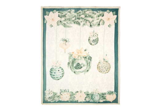 Plaid natalizio 130x160 cm collezione Silent Gold di Nuvole di Stoffa, colore verde salvia e panna con stampa di palline di Natale e stelle di Natale bianche, Tutto Chic.