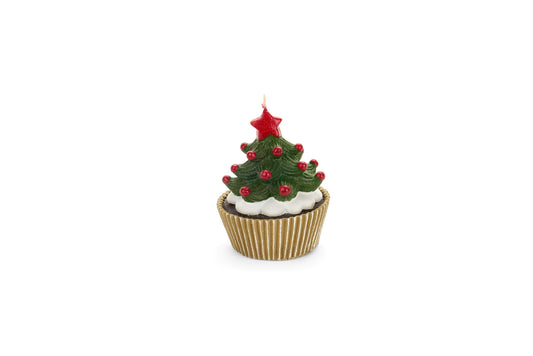 Candela decorativa a forma di cupcake con albero di Natale, palline rosse e stella, diametro 9 cm, brand Nuvole di Stoffa, Tutto Chic.