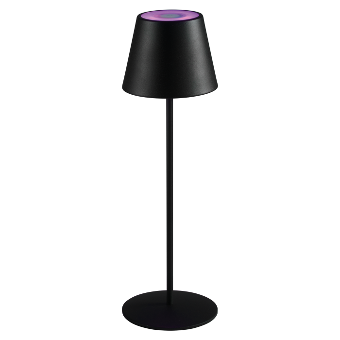 Lampada led da tavolo di colore nero  in metallo e PE con batteria ricaricabile agli ioni di litio e touch pad per cambiare il colore della luce. Cavo USB incluso. Protezione IP44. Diametro cm. 12x38 h. In negozio e online su tuttochic.live