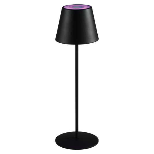 Lampada led da tavolo di colore nero  in metallo e PE con batteria ricaricabile agli ioni di litio e touch pad per cambiare il colore della luce. Cavo USB incluso. Protezione IP44. Diametro cm. 12x38 h. In negozio e online su tuttochic.live