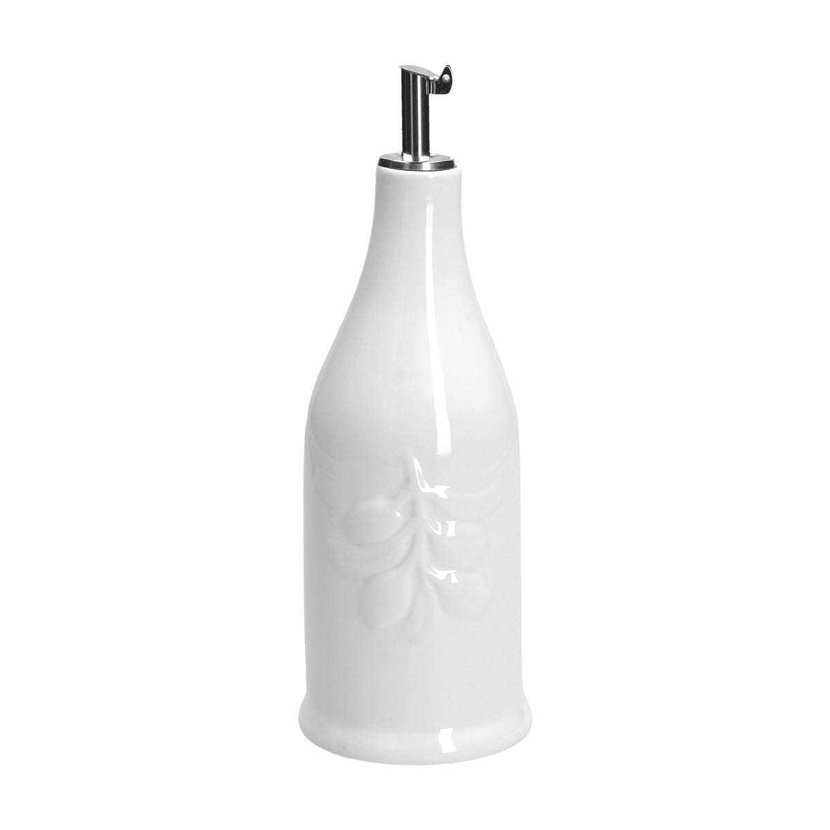 Oliera in porcellana bianca con decoro a rilievo raffigurante olive e foglie bianche. Dimensioni: Ø 7,2 - h17,5 cm. In negozio e online su tuttochic.live