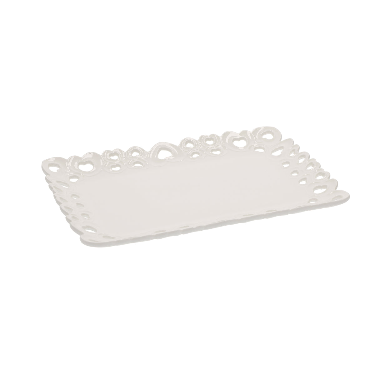 Vassoio portata rettangolare in porcellana traforata bianca. Dimensioni: 31 x 22 x h 2 cm  Lavabile in lavastoviglie Utilizzabile in microonde Utilizzabile in forno tradizionale. In negozio e online su tuttochic.live