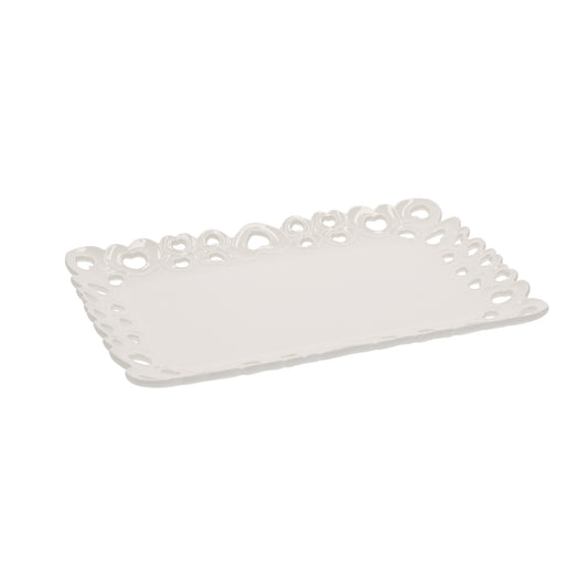 Vassoio portata rettangolare in porcellana traforata bianca. Dimensioni: 31 x 22 x h 2 cm  Lavabile in lavastoviglie Utilizzabile in microonde Utilizzabile in forno tradizionale. In negozio e online su tuttochic.live