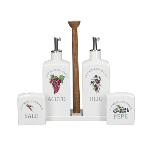 Set olio, aceto, sale e pepe in porcellana bianca decorata con asta centrale in legno. Dimensioni: cm. 22,5x7,5x 22 h Decorati, pratici e utili, caratterizzano ambienti curati in ogni minimo dettaglio. In negozio e online su tuttochic.live