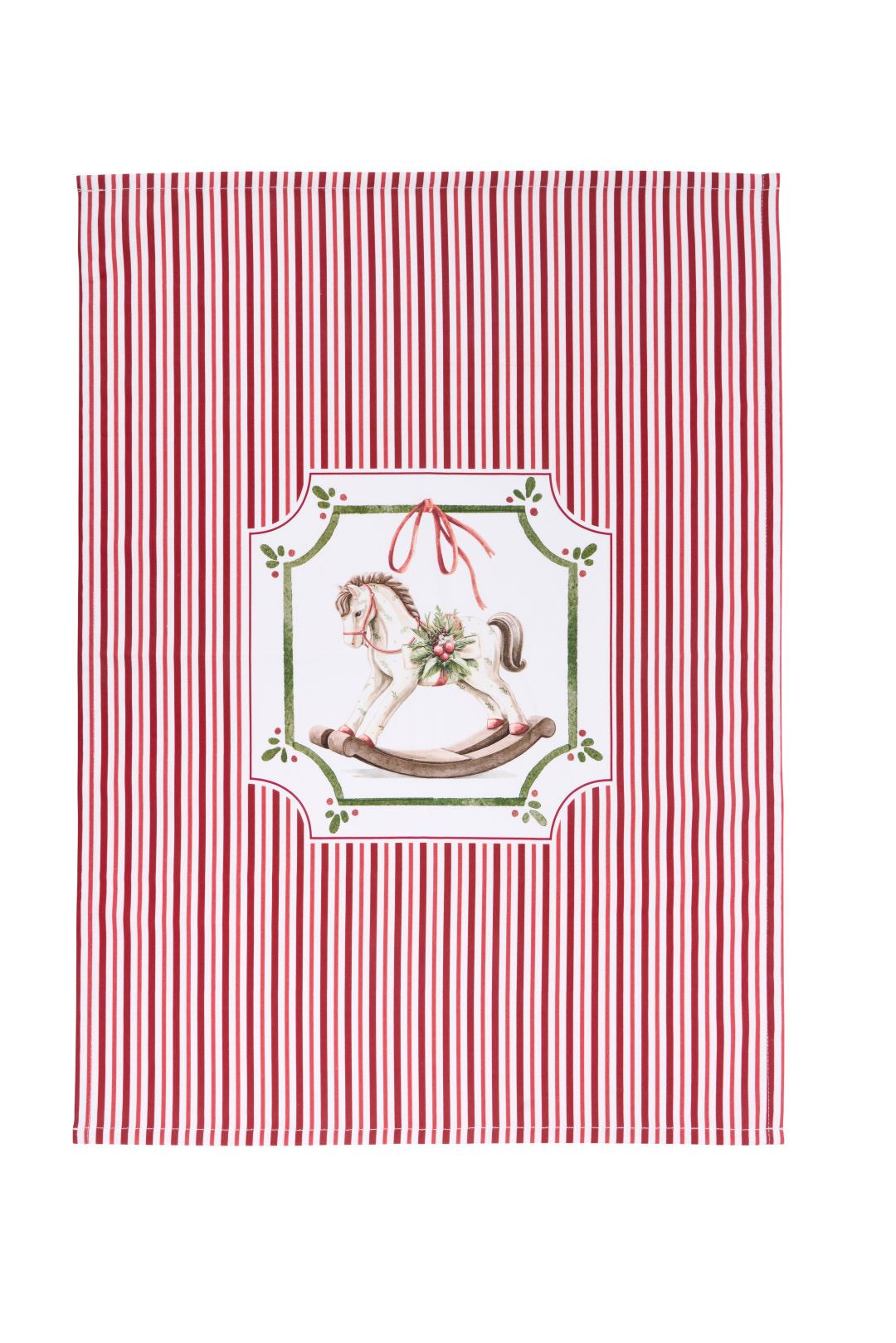 Strofinaccio da cucina natalizio 50x70 cm a righe verticali rosse e bianche con grande stampa centrale di un cavallo a dondolo antico, collezione Magic Noel Nuvole di Stoffa, Tutto Chic.
