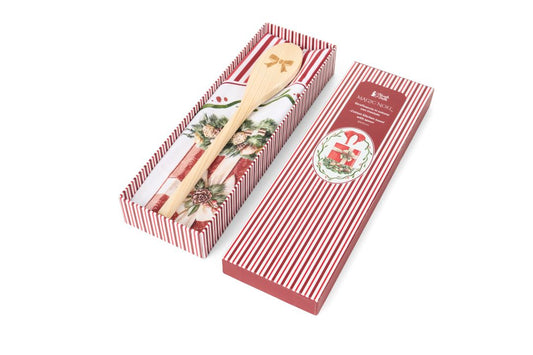 Confezione regalo natalizia aperta Magic Noel Nuvole di Stoffa contenente uno strofinaccio in cotone a righe bianche e rosse e un mestolo in legno con un fiocco inciso sulla punta, Tutto Chic.
