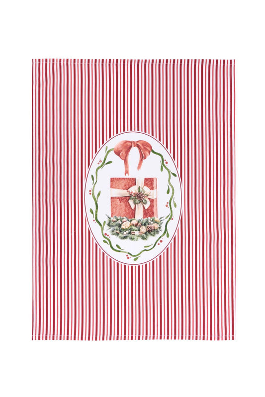 Strofinaccio da cucina natalizio 50x70 cm a righe verticali rosse e bianche con grande stampa centrale di un pacco regalo rosso su ghirlanda di pino, collezione Magic Noel Nuvole di Stoffa, Tutto Chic.