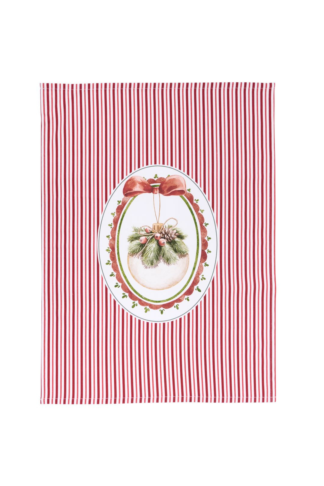 Strofinaccio da cucina natalizio 50x70 cm a righe verticali rosse e bianche con grande stampa centrale di una pallina di Natale bianca decorata con pino e pigne, collezione Magic Noel Nuvole di Stoffa, Tutto Chic.