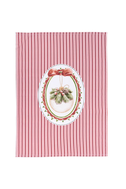 Strofinaccio da cucina natalizio 50x70 cm a righe verticali rosse e bianche con grande stampa centrale di una pallina di Natale bianca decorata con pino e pigne, collezione Magic Noel Nuvole di Stoffa, Tutto Chic.