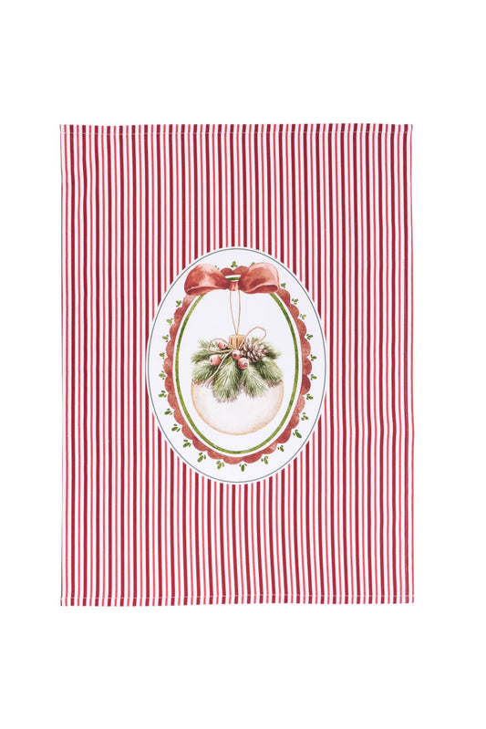 Strofinaccio da cucina natalizio 50x70 cm a righe verticali rosse e bianche con grande stampa centrale di una pallina di Natale bianca decorata con pino e pigne, collezione Magic Noel Nuvole di Stoffa, Tutto Chic.