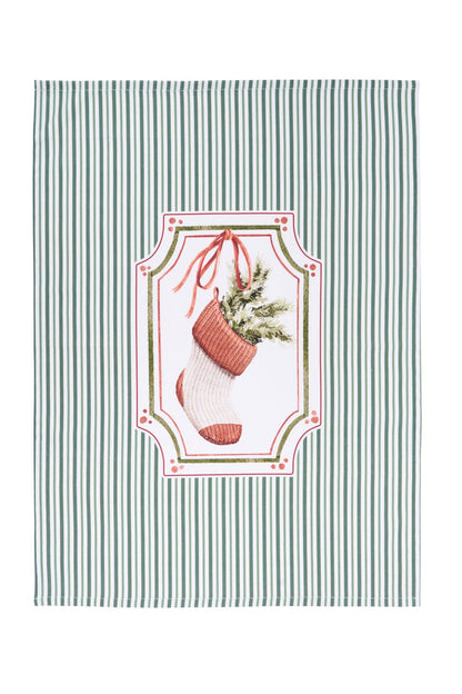 Strofinaccio da cucina natalizio 50x70 cm a righe verticali bianche e verdi con stampa centrale di una calza di lana piena di rami di pino, collezione Magic Noel Nuvole di Stoffa, Tutto Chic.