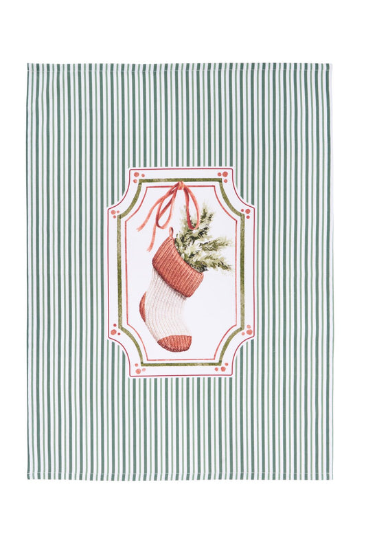 Strofinaccio da cucina natalizio 50x70 cm a righe verticali bianche e verdi con stampa centrale di una calza di lana piena di rami di pino, collezione Magic Noel Nuvole di Stoffa, Tutto Chic.