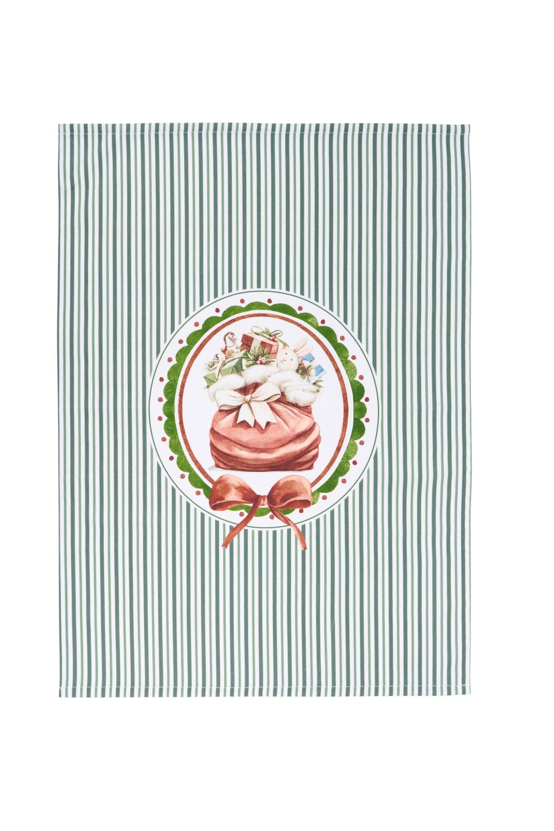 Strofinaccio da cucina natalizio 50x70 cm a righe verticali rosse e bianche con stampa centrale di un sacco di Babbo Natale colmo di doni e dolci, collezione Magic Noel Nuvole di Stoffa, Tutto Chic.
