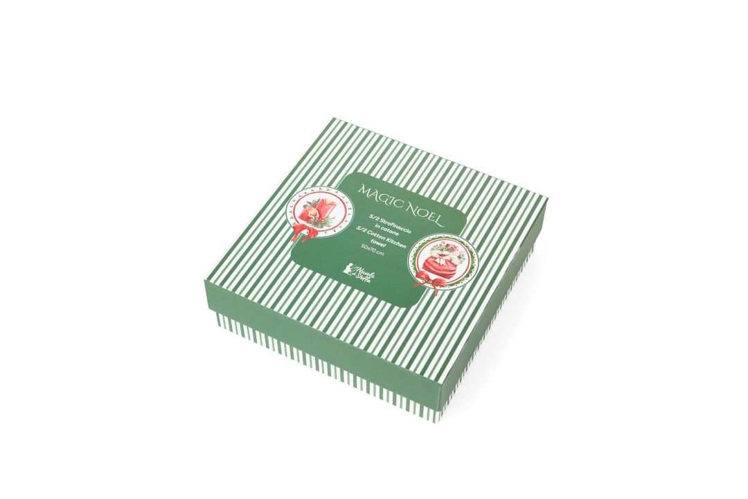 Confezione regalo natalizia a righe bianche e verdi della linea Magic Noel Nuvole di Stoffa, contenente due strofinacci in cotone coordinati, Tutto Chic.