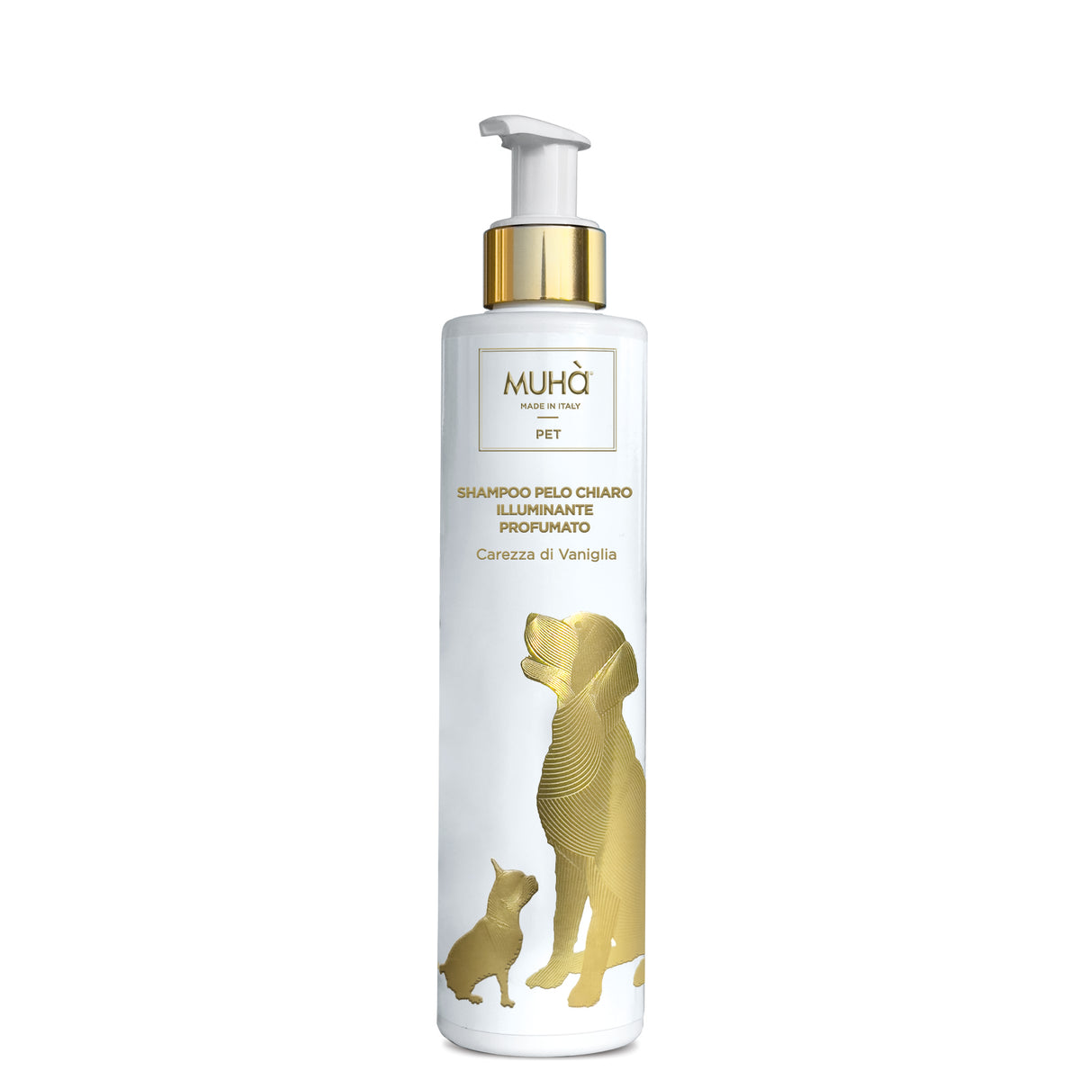 Shampoo specifico per la cura e la bellezza dei manti chiari e bianchi dei cani, formulato con aloe vera, estratto di papaya, estratto di calendula e infuso di fiori di camomilla.  Quantità: 200 ml.In negozio e online su tuttochic.live