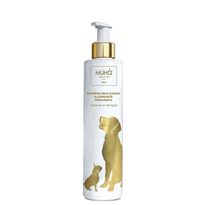 Shampoo specifico per la cura e la bellezza dei manti chiari e bianchi dei cani, formulato con aloe vera, estratto di papaya, estratto di calendula e infuso di fiori di camomilla.  Quantità: 200 ml.In negozio e online su tuttochic.live